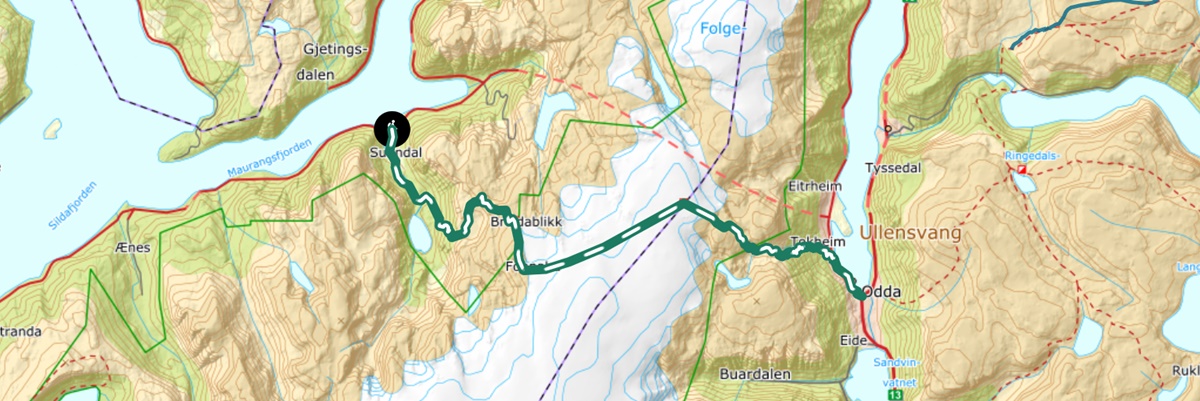 Kart historisk vandrerute turistvegen over folgefonna